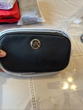 Michael Kors Black Pebbled Leather Crossbody Camera Bag with Gold MK Emblem